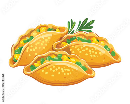 Stack of soft flour tortillas filled with savory meat, green beans, and peas, ready for a delicious meal - Vector Illustration	