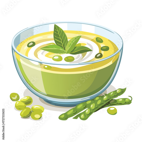 Gourmet creamy pea and asparagus soup garnished with fresh herbs and a drizzle of olive oil in a bowl - Vector Illustration	