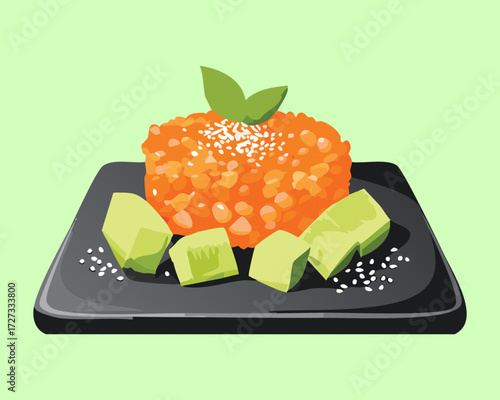 Gourmet tuna tartare tower with finely diced fish and fresh avocado cubes on a black slate plate - Vector Illustration	