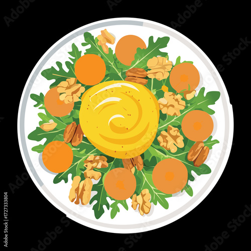 Bright carrot and arugula salad with a creamy orange dressing in the center, presented on a dark plate - Vector Illustration	