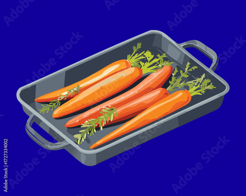 Fresh, unpeeled carrots ready for roasting in a dark blue enameled baking pan, seasoned with herbs - Vector Illustration	