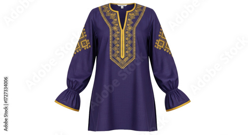 Isolated stylish purple tunic with gold embroidery, long sleeves, fashionable and elegant
