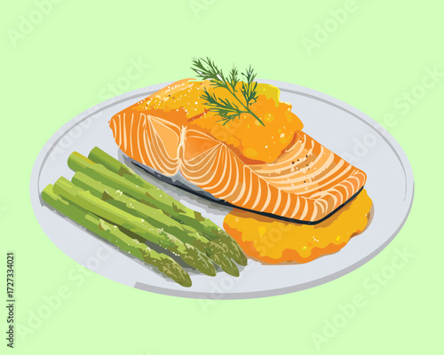 Delicious grilled salmon steak with creamy mashed potatoes and perfectly steamed green asparagus spears - Vector Illustration	