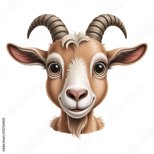 Friendly Cartoon Goat Head with Large Eyes and Curled Horns character