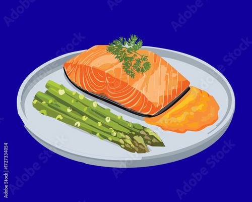 Perfectly pan-seared salmon fillet served with fresh steamed asparagus and a golden potato pancake - Vector Illustration	