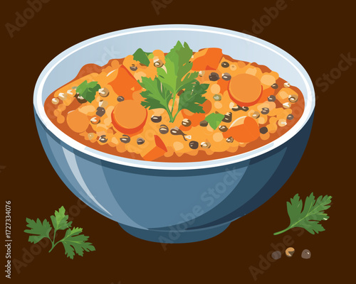 Warming portion of rich meat and vegetable stew in a ceramic bowl, seasoned with herbs and pepper - Vector Illustration
