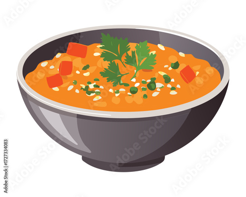Hearty bowl of flavorful and thick lentil soup with various vegetables and spices, ready to eat - Vector Illustration