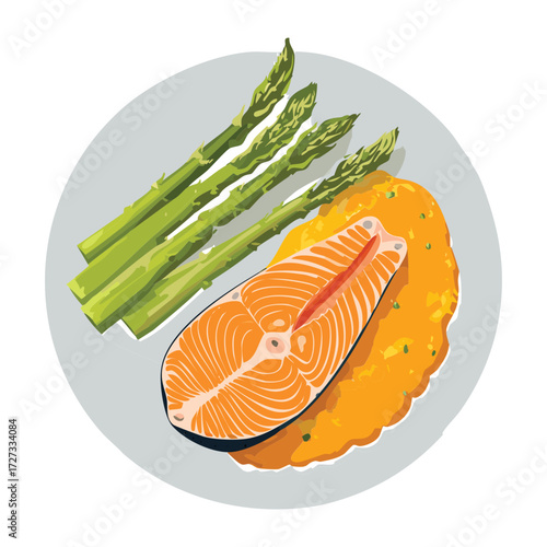 Gourmet healthy meal of pan-seared salmon fillet served alongside fresh green asparagus spears and lemon - Vector Illustration