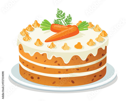 Delicious homemade multi-layered carrot cake with creamy white frosting and sliced carrots decoration - Vector Illustration