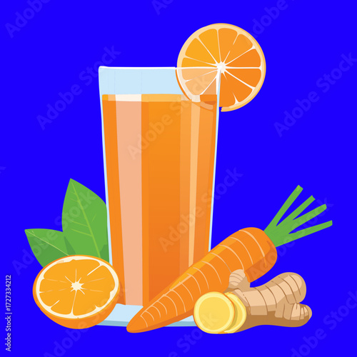 Tall Glass of Bright Orange Carrot Juice Blended with Ginger, Garnished with an Orange Slice and a Whole Carrot - Vector Illustration	