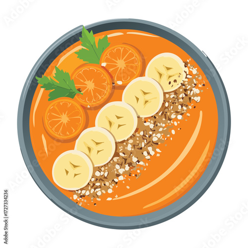 Overhead View of an Appetizing Carrot and Banana Smoothie Bowl Sprinkled with Seeds and Nuts for an Energy Boost - Vector Illustration	