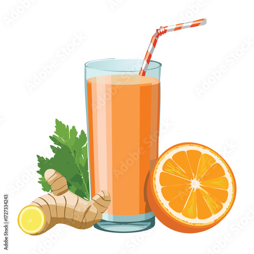 Refreshing Glass of Freshly Squeezed Carrot and Orange Juice with a Straw, Mint Leaf, and Citrus Slice Garnish - Vector Illustration	