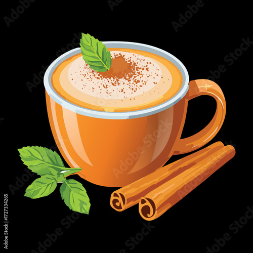 Comforting Spiced Warm Beverage or Latte in an Orange Mug, Garnished Generously with Ground Cinnamon and Sticks - Vector Illustration