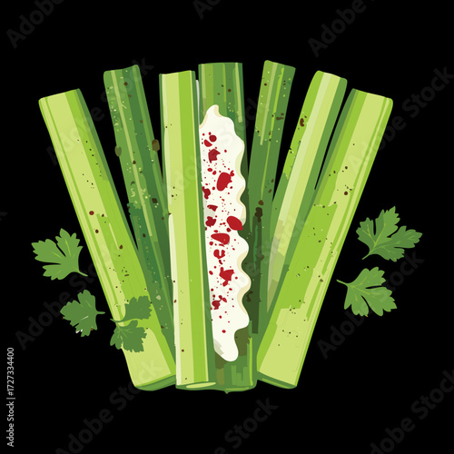 Crispy Fresh Celery Sticks Arranged on a Dark Background with a Dollop of White Creamy Dip for a Healthy Snack - Vector Illustration