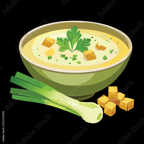 Hearty Bowl of Creamy Potato and Leek Soup with Garnishes and a Whole Fresh Leek Stalk on the Side - Vector Illustration