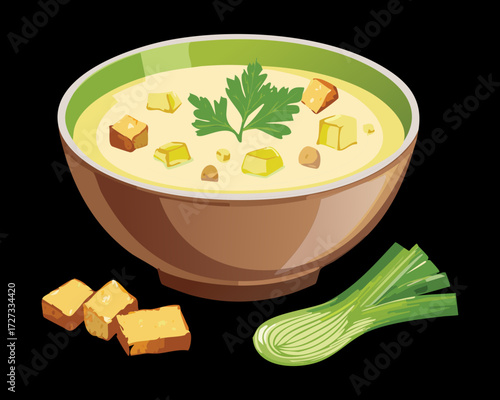 Rich and Velvety Cream Soup Served in an Earthenware Brown Bowl Garnished with Parsley and Cubed Bread Croutons - Vector Illustration