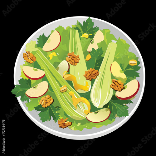 Fresh and Healthy Celery Salad with Sliced Green Apples, Walnuts, and a Light Vinaigrette Dressing - Vector Illustration