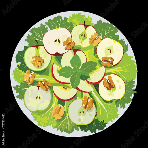 Healthy Autumn Salad of Crisp Sliced Apples and Crunchy Walnuts with a Light Vinaigrette Dressing - Vector Illustration	