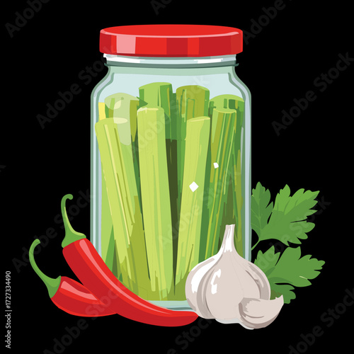 Aesthetic Glass Jar of Pickled Green Celery Sticks and Aromatic Herbs Against a Black Background - Vector Illustration	