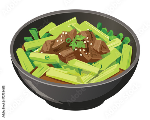 Hearty Traditional Beef Stew with Celery and Root Vegetables Cooked in a Black Skillet - Vector Illustration	