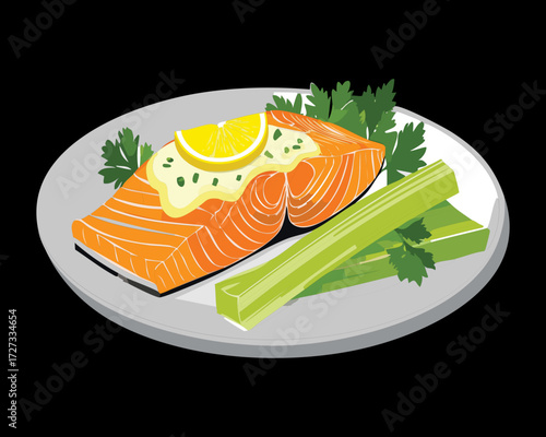 Delicious Pan-Seared Salmon Steak Served with Braised Celery Stalks and a Lemon Wedge - Vector Illustration	
