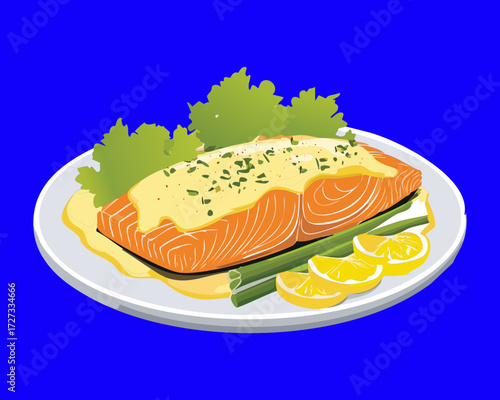 Gourmet Baked Salmon Fillet with Lemon Slices and Herb Garnish Served on a White Plate - Vector Illustration	