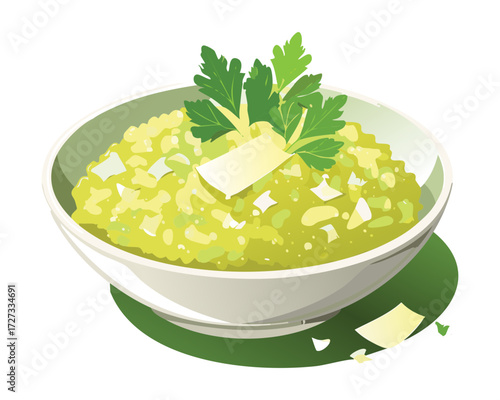 Comforting Creamy Rice Pilaf with Fresh Herbs and a Pat of Melting Butter in a White Bowl - Vector Illustration	