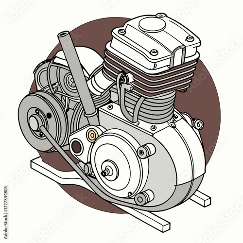 Detailed Illustration of a Vintage Motorcycle Engine