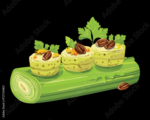 Elegant Appetizer Bites with Creamy Topping on Sliced Green Leek Stalks or Vegetable Base - Vector Illustration	