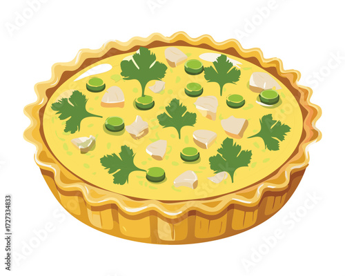 Delicious Savory Round Tart or Quiche with Green Peas and Chopped Herbs on White Background - Vector Illustration	