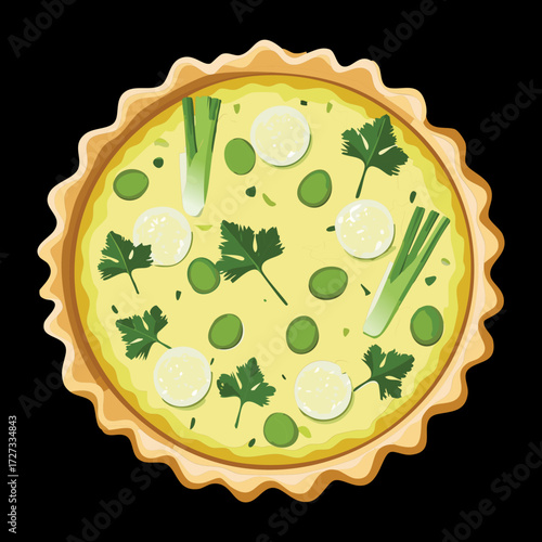 Homemade Round Savory Egg and Cheese Tart with Herbs and Small Vegetable Pieces - Vector Illustration	