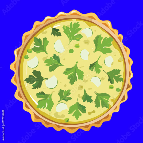 Round Savory Quiche or Tart with Eggs Cheese and Green Vegetables Top View Serving - Vector Illustration	