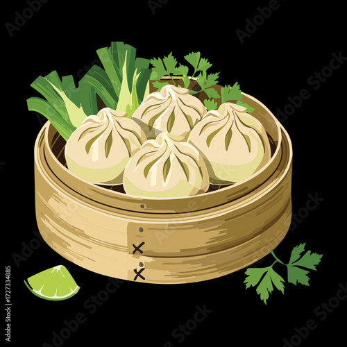 Delicious Pork or Vegetable Steamed Dumplings in a Classic Bamboo Steamer Against Black Background - Vector Illustration	