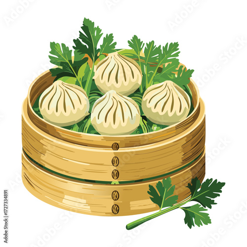 Traditional Chinese Steamed Buns or Dumplings (Baozi) in a Bamboo Steamer Basket for Dim Sum - Vector Illustration	
