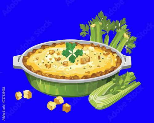 Hot Savory Creamed Celery Casserole or Bake Dish Garnished with Fresh Parsley and Green Herbs - Vector Illustration