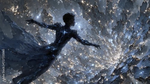 Astral projection: A woman dances through a galaxy of stars in a dreamlike state
