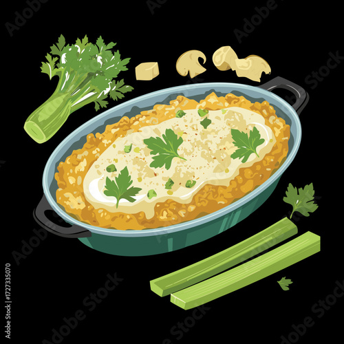 Savory Creamed Celery Casserole or Baked Dish Topped with Crumb and Mushroom, Served in a White Dish - Vector Illustration