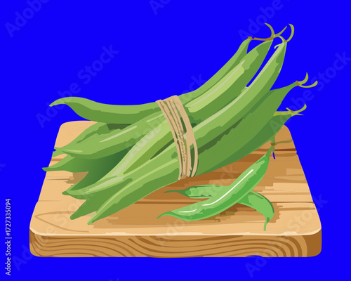 Bunch of fresh raw green beans tied with rope on a wooden cutting board with blue background - Vector Illustration