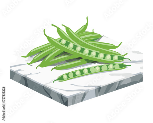 Fresh Green Bean Pods, Some Opened with Visible Beans Inside, on a Marble Surface - Vector Illustration	
