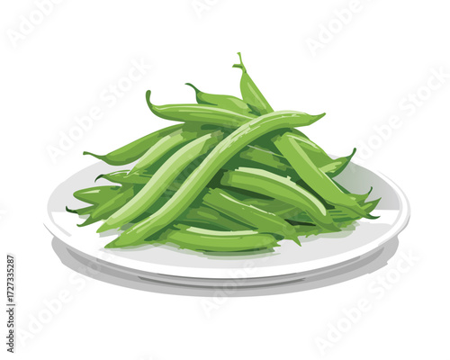 Group of Fresh Green Beans on a White Plate, Perfect as a Healthy Side Dish or Vegetable Ingredient - Vector Illustration	