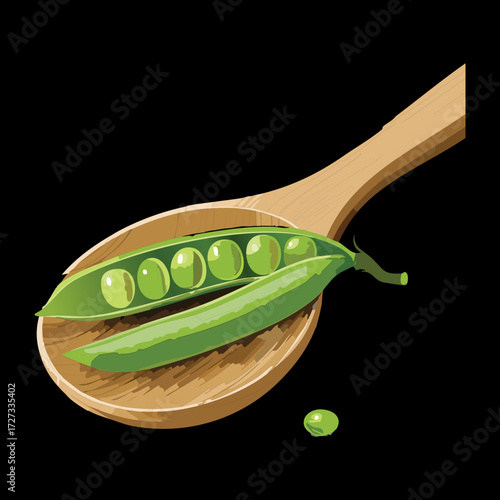 Fresh Green Pea Pod Held on a Wooden Spoon, Featuring Open Pods and Visible Healthy Peas Inside - Vector Illustration	