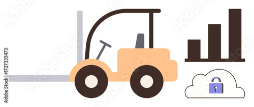 Forklift nearby bar chart and secure cloud icon, representing logistics, growth, data security, and innovation. Ideal for technology, efficiency, warehousing analysis logistics and safety. Simple