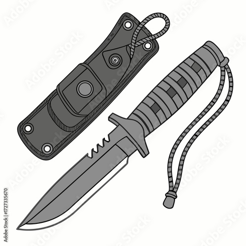 Gray Fixed Blade Knife with Sheath Illustration