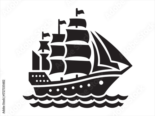 This is a stylized, black and white illustration of a tall ship sailing on choppy waves. The ship has three masts with full sails, and flags flying from the top of each. The hull is detailed with rows