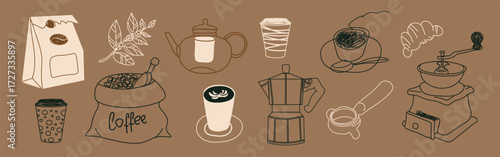 Coffee doodle vector set with cups, beans, and coffee maker. Hand drawn illustrations perfect for cafe menu design, posters, stickers, packaging, and coffee lovers.