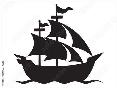This is a black silhouette of a sailing ship. It has three masts with billowing sails and flags at the top of each mast. The ship is depicted on waves, suggesting it is at sea.