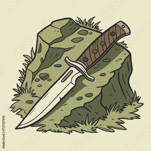 Military Knife Resting on a Rock in Grassy Terrain