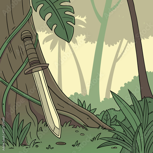 Military Knife Hidden in Lush Tropical Jungle