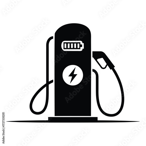 Stylized EV charging station icon with battery and lightning bolt symbols, representing electric mobility, clean energy, and sustainability




