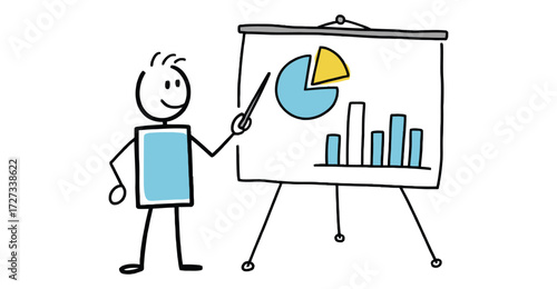 Stick figure presenting pie and bar charts on board, symbolizing data analysis, business reporting, and educational explanation